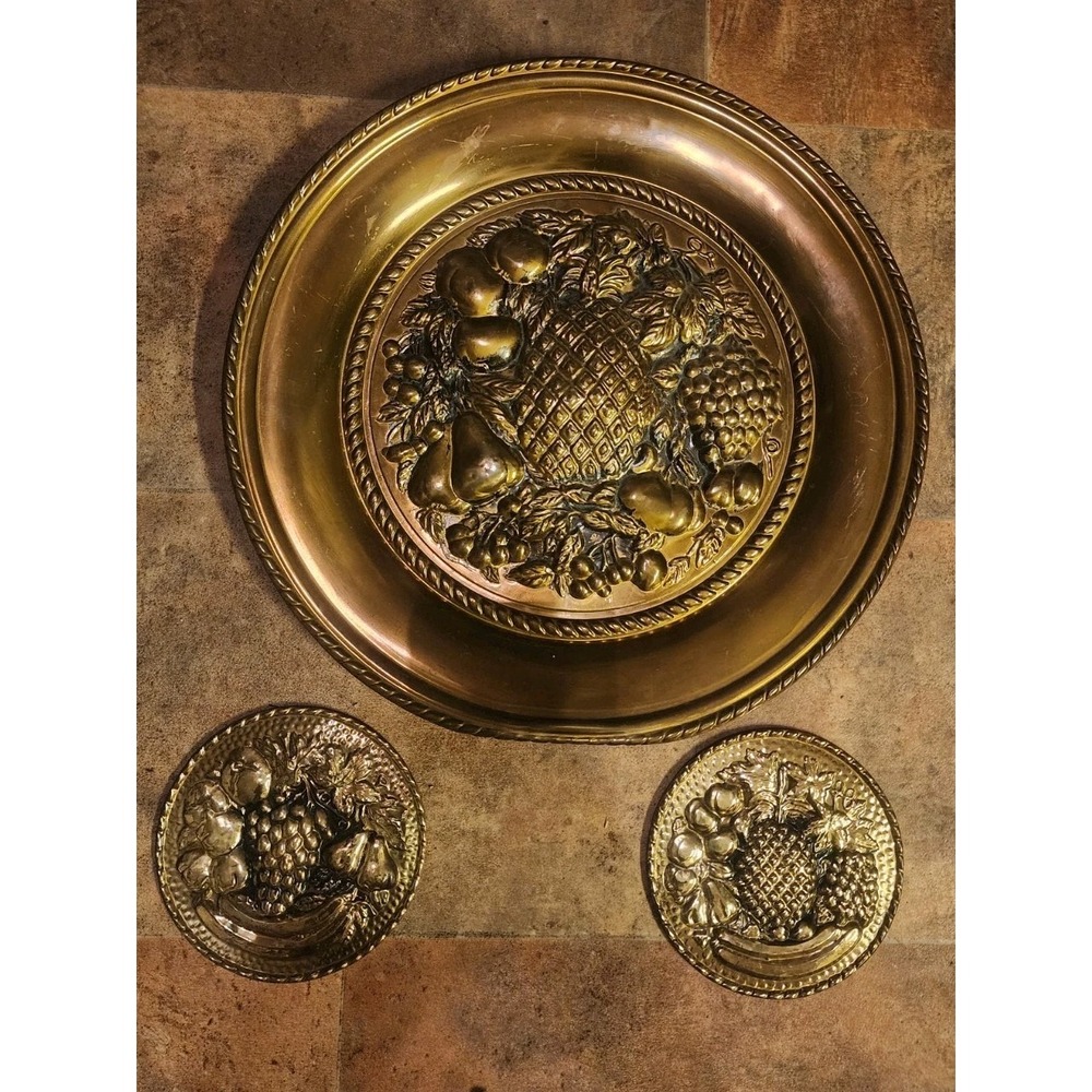 Vintage Set Of 3 Gold Brass England Embossed Fruit Motif Wall Hanging Plates